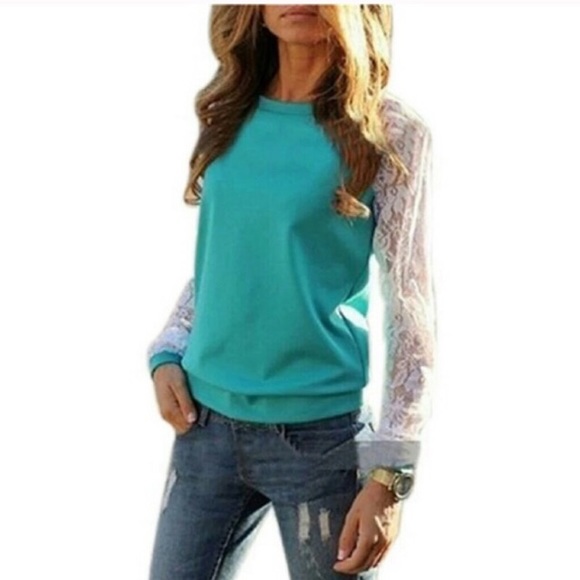 Brand New Teal Top with Lace Sleeves - Picture 1 of 8